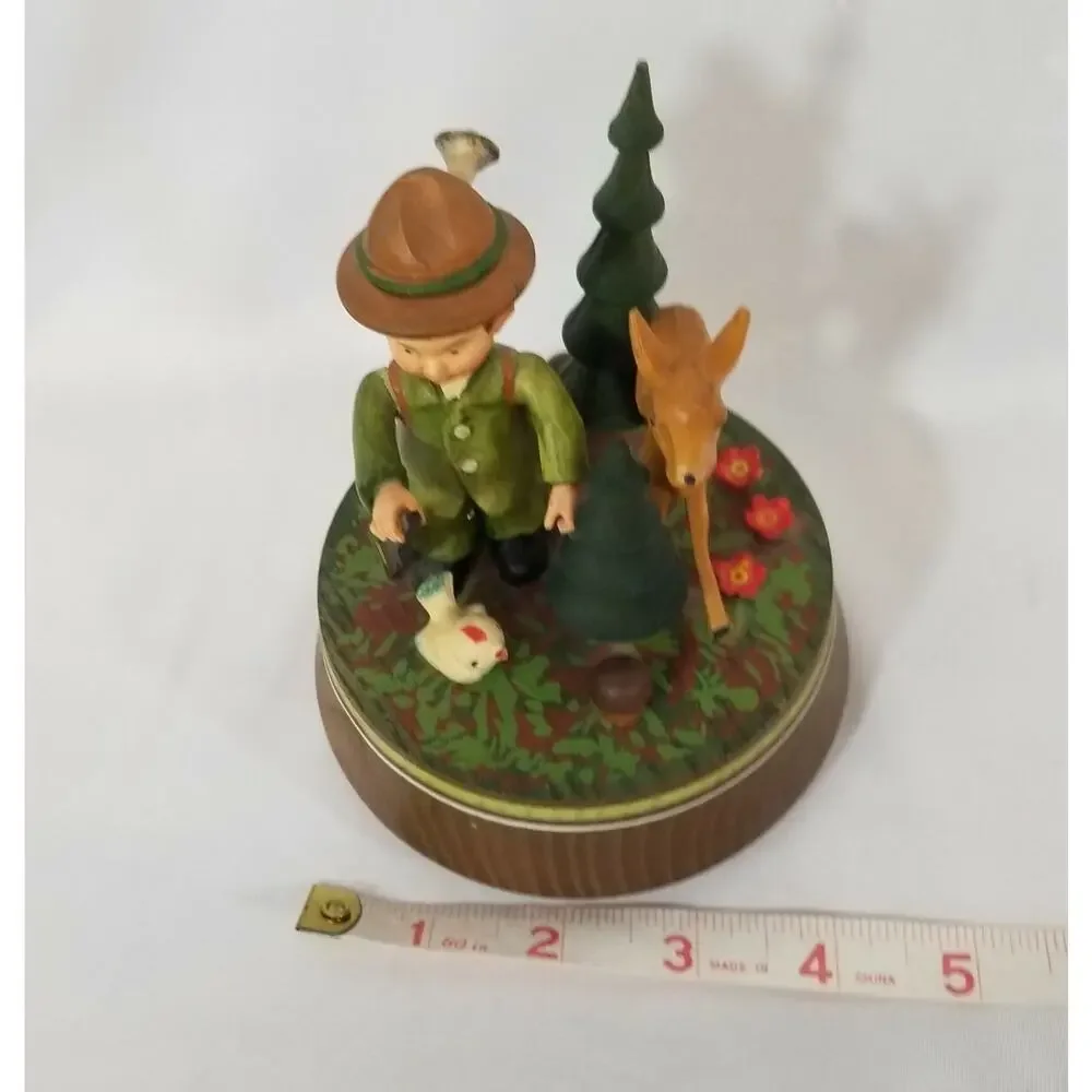 Vtg Anri Little Boy in Woods w/ Deer & Bird Carved Music Box Plays Moulin Rouge